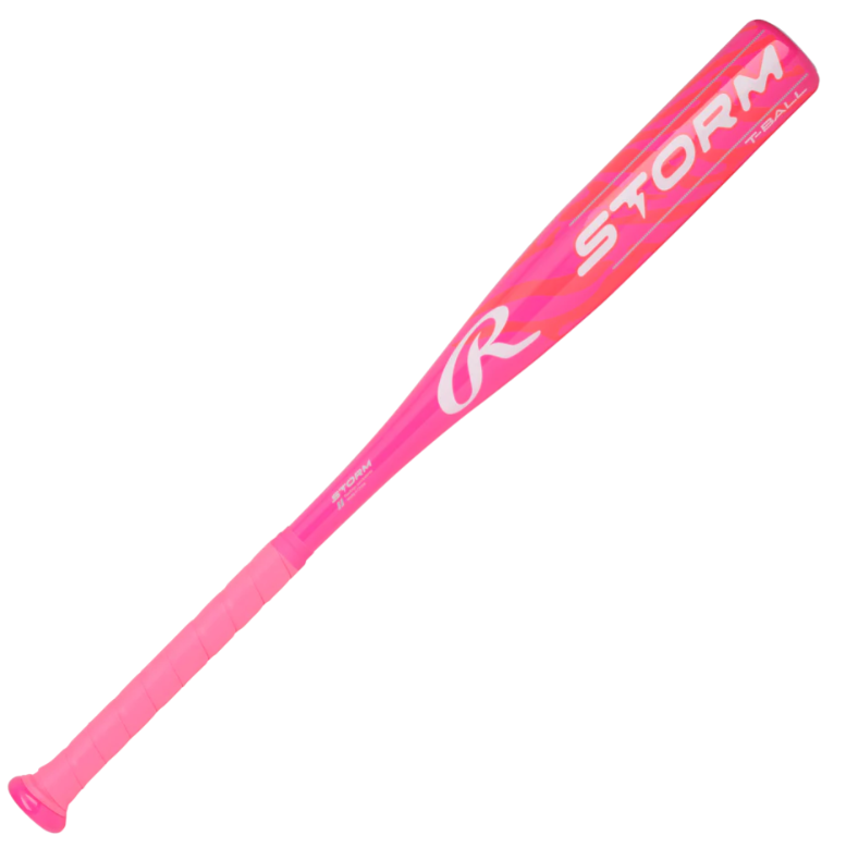 A photo of the Rawlings Storm 1 1/4" Barrel (-12) T-Ball Baseball Bat in colour pink and white. Storm Logo view.