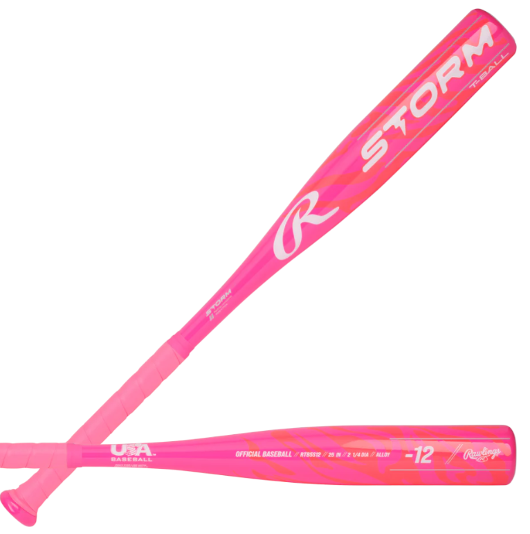 A photo of the Rawlings Storm 1 1/4" Barrel (-12) T-Ball Baseball Bat in colour pink and white. Dual bat view.