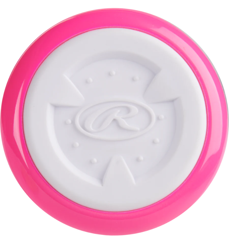 A photo of the Rawlings Storm 1 1/4" Barrel (-12) T-Ball Baseball Bat in colour pink and white. Handle end with End cap view with Rawlings R logo.