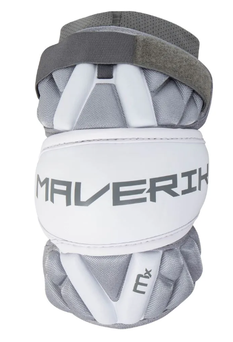 A photo of the Maverik MX Lacrosse Arm Pads (2025) in colour white and grey. Maverik logo in colour grey.