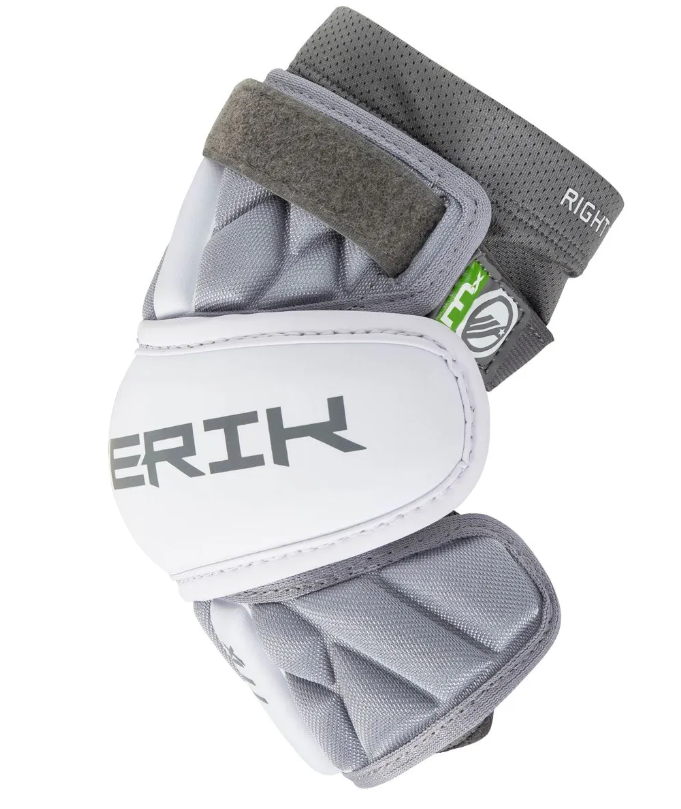 A photo of the Maverik MX Lacrosse Arm Pads (2025) in colour white and grey. Side profile.