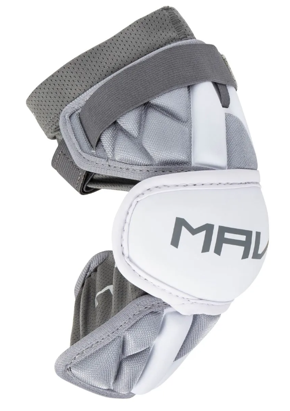 A photo of the Maverik MX Lacrosse Arm Pads (2025) in colour white and grey. Side profile.
