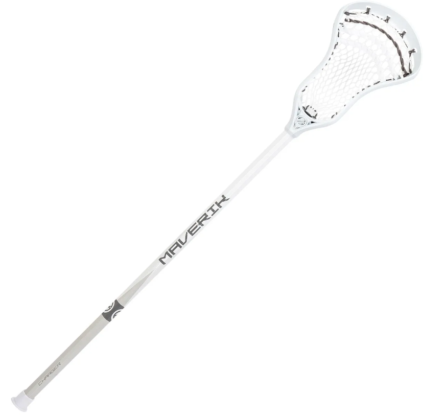 A photo of the Maverik Charger Complete Lacrosse Stick in colour white with a silver shaft.