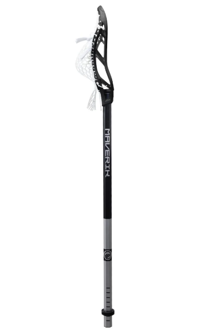 A photo of the Maverik Tactik 2 Alloy Complete Lacrosse Stick in colour black and silver. Side view.