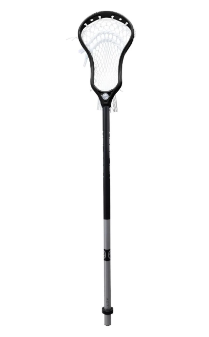 A photo of the Maverik Tactik 2 Alloy Complete Lacrosse Stick in colour black and silver. Front view.