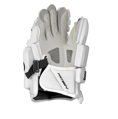 A photo of the Warrior Fat Boy Lacrosse Goalie Gloves in colour white. palm view.