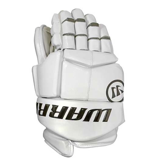 A photo of the Warrior Fat Boy Lacrosse Goalie Gloves in colour white. Back of hand view.
