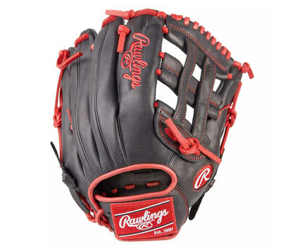 A photo of the Rawlings R9 Pro Bryce Harper 12.5" Baseball Glove in colour black and red. Rear hand.