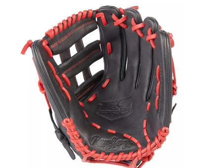 A photo of the Rawlings R9 Pro Bryce Harper 12.5" Baseball Glove in colour black and red. Palm hand.