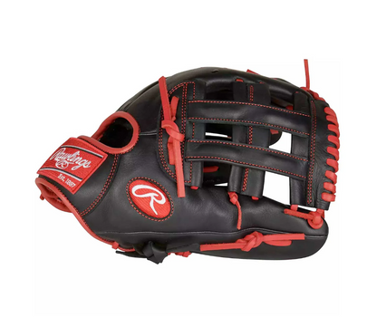 A photo of the Rawlings R9 Pro Bryce Harper 12.5" Baseball Glove in colour black and red. Side hand.