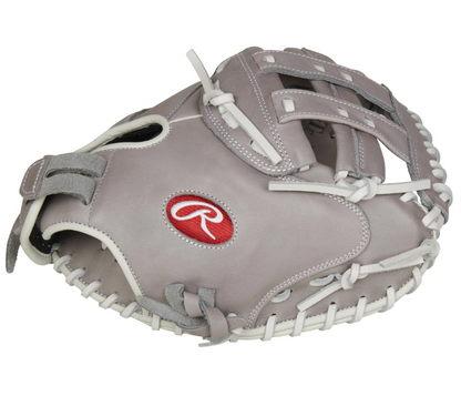 A photo of the Rawlings R9 Series 33" Fastpitch Softball Catcher's Mitt in colour silver. Side view.