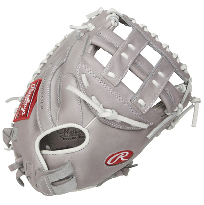A photo of the Rawlings R9 Series 33" Fastpitch Softball Catcher's Mitt in colour silver. Rear view.