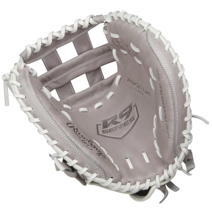 A photo of the Rawlings R9 Series 33" Fastpitch Softball Catcher's Mitt in colour silver. Palm view.