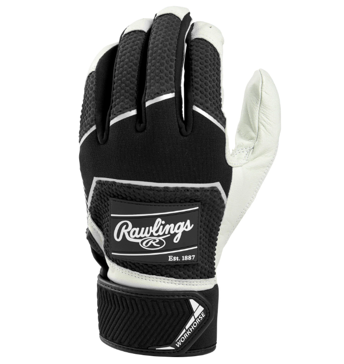 A photo of the Rawlings Workhorse Pro Batting Gloves in colour black and white. Rear view.
