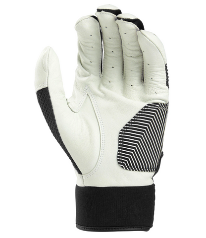 A photo of the Rawlings Workhorse Pro Batting Gloves in colour black and white. Palm view.