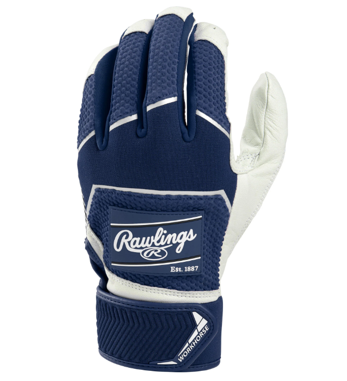 A photo of the Rawlings Workhorse Pro Batting Gloves in colour Navy and white. Rear view.