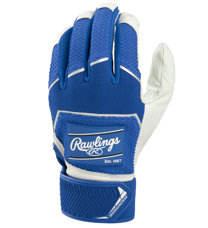 A photo of the Rawlings Workhorse Pro Batting Gloves in colour royal blue and white. Rear view.