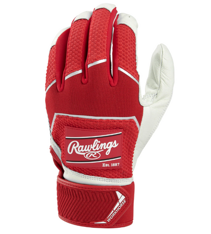 A photo of the Rawlings Workhorse Pro Batting Gloves in colour scarlet red and white. Rear view.
