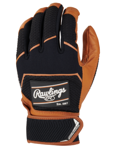 A photo of the Rawlings Workhorse Pro Batting Gloves in colour black and caramel. Rear view.