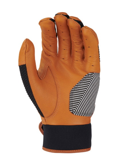 A photo of the Rawlings Workhorse Pro Batting Gloves in colour black and caramel. Palm view.