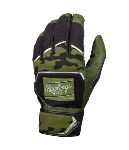 A photo of the Rawlings Workhorse Pro Batting Gloves in camo green and black colours. Rear view.