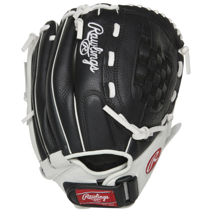 A photo of the Rawlings Shut Out Fastpitch Softball Glove in colour black and white. Rear view.