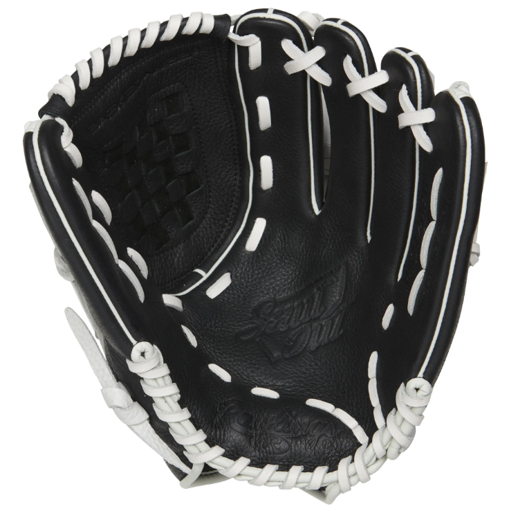 A photo of the Rawlings Shut Out Fastpitch Softball Glove in colour black and white. Palm view.