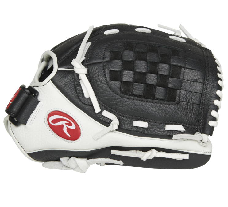A photo of the Rawlings Shut Out Fastpitch Softball Glove in colour black and white. Side view.