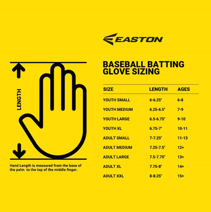 A photo of the Easton Mav Pro Locked-In Adult Batting Gloves size chart.
