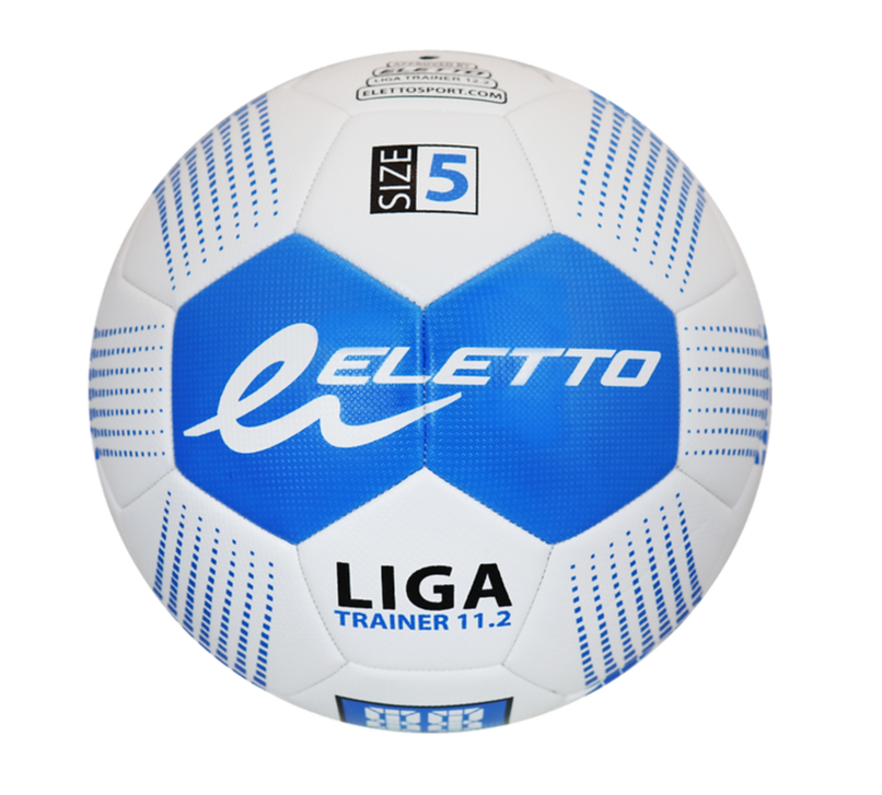 A photo of the Eletto Liga Trainer 11.2 Soft Touch Soccer Ball in colour white and blue.