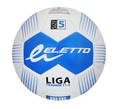 A photo of the Eletto Liga Trainer 11.2 Soft Touch Soccer Ball in colour white and blue.