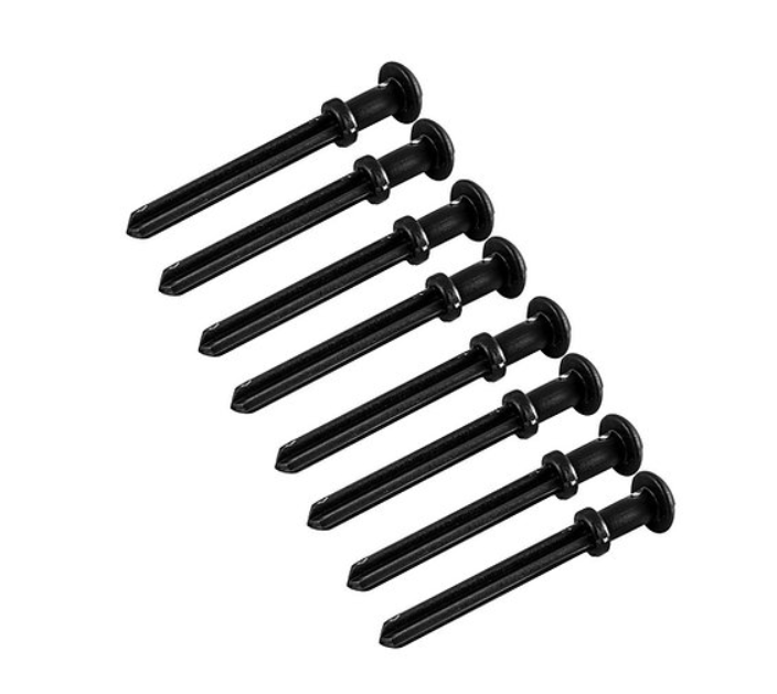 A photo of 8 black pegs.