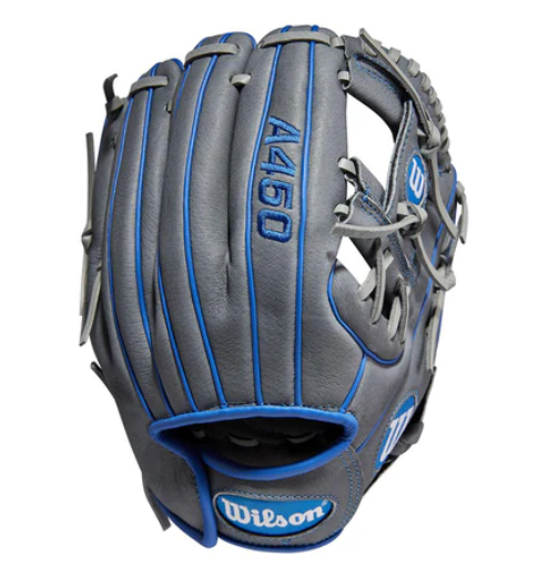 A photo of the Wilson A450 10.75" Youth Baseball Glove in colour grey and blue. Rear glove view.