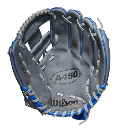 A photo of the Wilson A450 10.75" Youth Baseball Glove in colour grey and blue. Palm view.