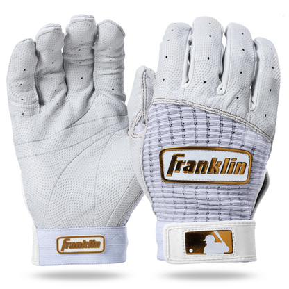 A photo of the Franklin Pro Classic Baseball Batting Gloves in colour white and gold.