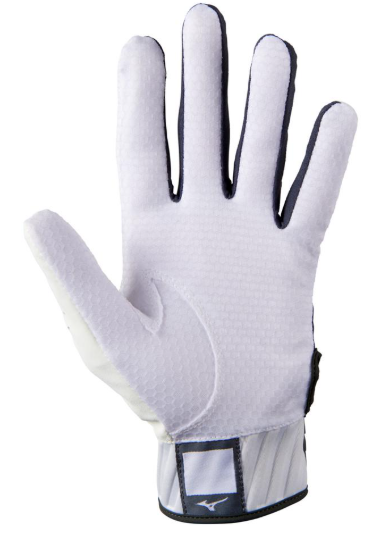 The palm of the Mizuno MVP Youth Baseball Batting Glove in colours white and grey.