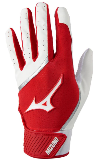 The Mizuno MVP Youth Baseball Batting Glove in colours white and red.