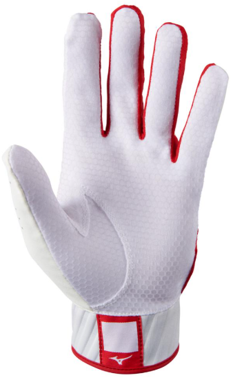 The palm of the Mizuno MVP Youth Baseball Batting Glove in colours white and red.