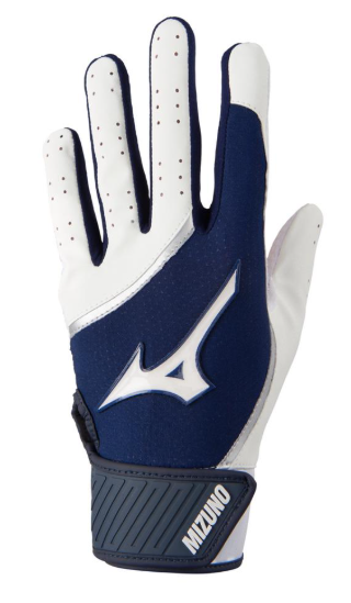 The Mizuno MVP Youth Baseball Batting Glove in colours white and navy.