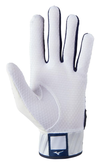 The palm of the Mizuno MVP Youth Baseball Batting Glove in colours white and navy.