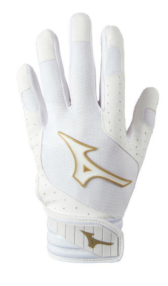 The Mizuno Finch Youth Softball Padded Batting Glove in colours white and gold.