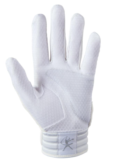 The palm of the Mizuno Finch Youth Softball Padded Batting Glove in colours white and gold.