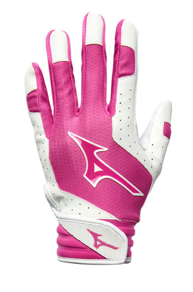 The Mizuno Finch Youth Softball Padded Batting Glove in colours white and pink.