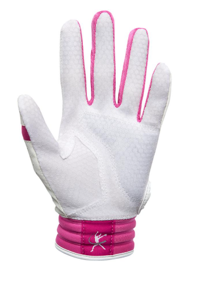 The palm of the Mizuno Finch Youth Softball Padded Batting Glove in colours white and pink.