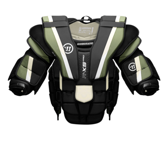 A photo of the Warrior Ritual X5 Pro Senior Chest & Arm Protector in colour white, black and green. Front of the equipment view.