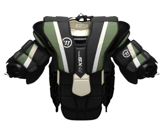 A photo of the Warrior Ritual X5 RTL Senior Chest & Arm Protector in colour black, green and white. Front of equipment view.