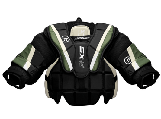 A photo of the Warrior X5 Youth Goalie Chest and Arm Protector in colours black, green and white. Front of the equipment. 