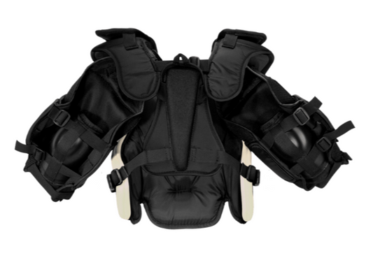 A photo of the Warrior X5 Youth Goalie Chest and Arm Protector in colours black, green and white. Back of the equipment. 