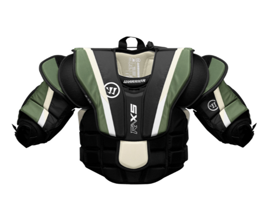 A photo of the Warrior X5 Junior Goalie Chest and Arm Protector in colour black, green, and white. Front of the equipment.