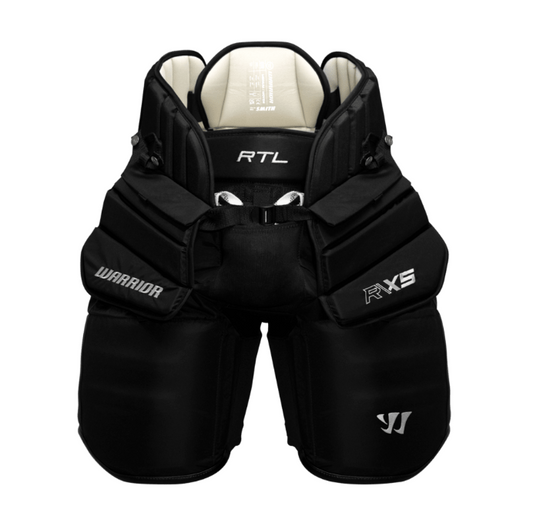 A photo of the Warrior X5 RTL Senior Goalie Pants in colour black. Front of the equipment. 